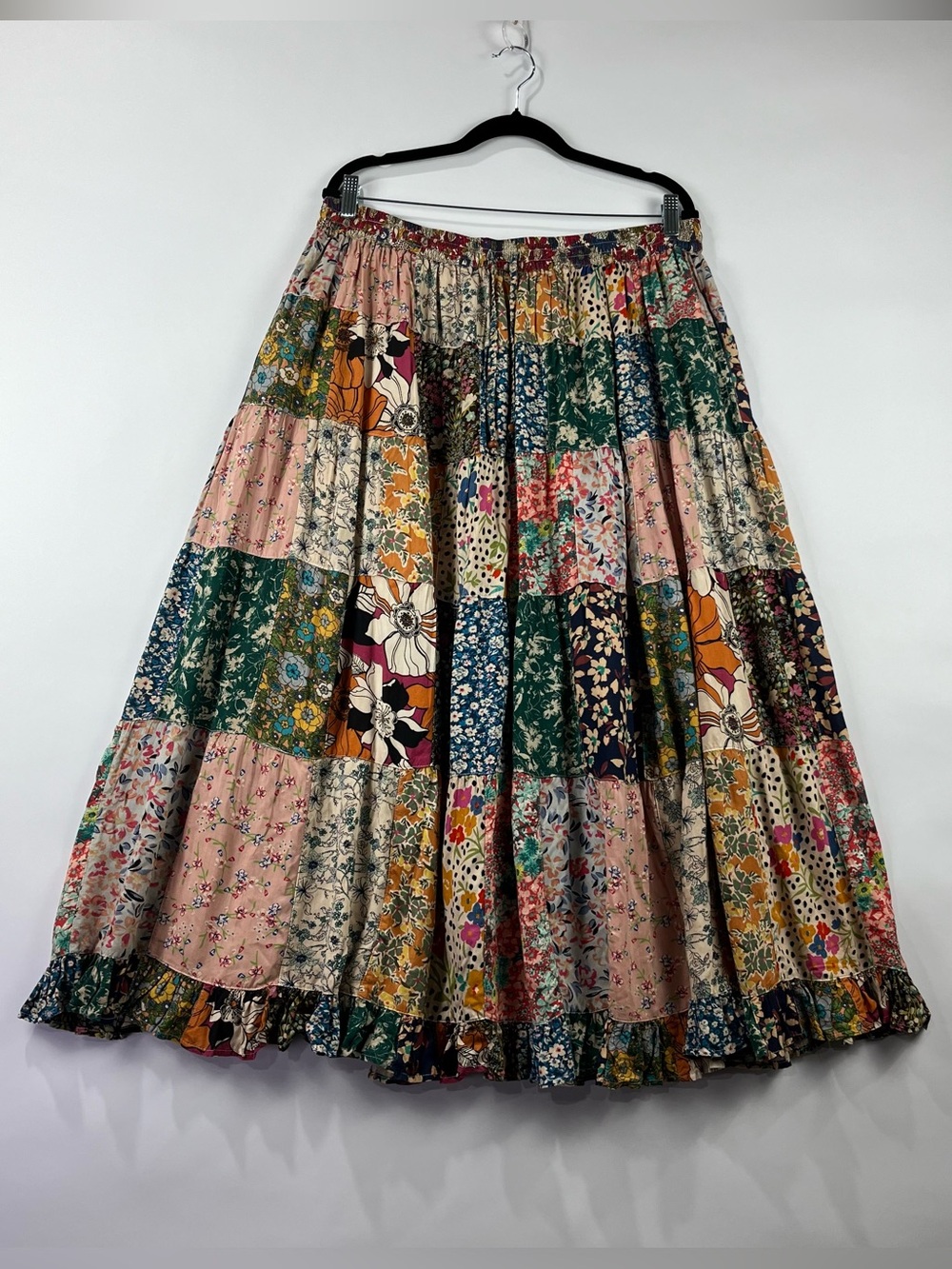 Young Threads Patchwork Midi Skirt Lined Elastic Waist Adjustable Tie Boho XXL
